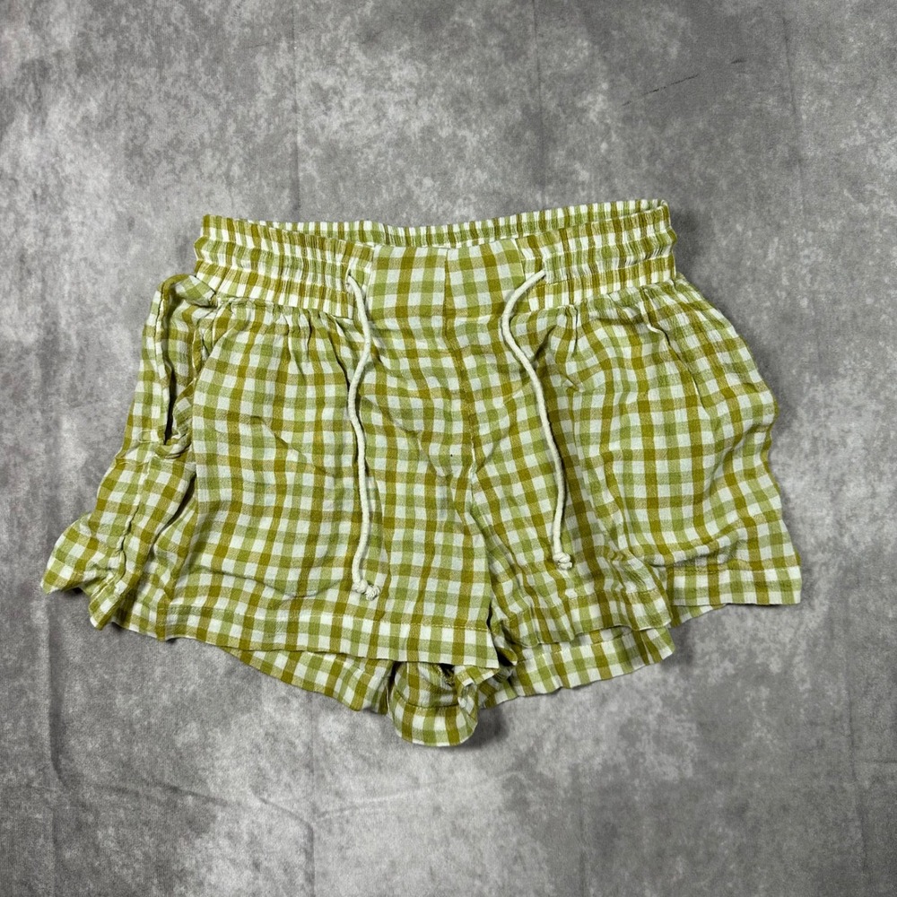 Billabong Womens Green Gingham Check Shorts S Elastic Drawstring Summer Beach